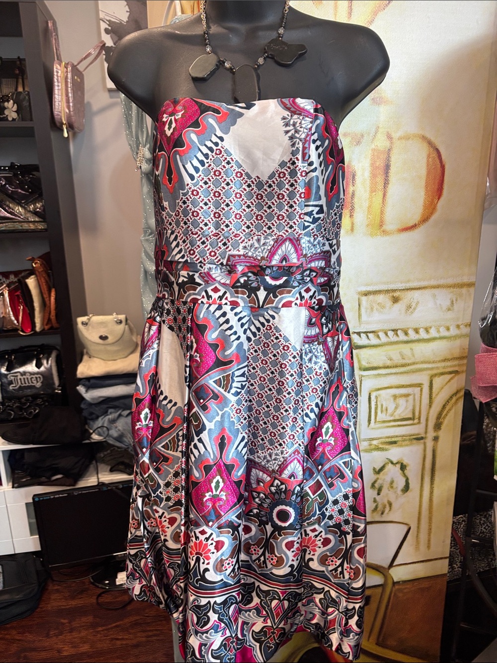 Romy Strapless Pink, Blue and White Paisley Print Party Dress